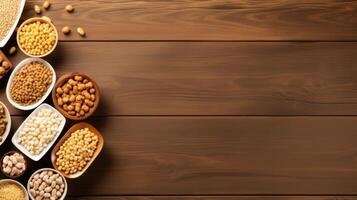 Mix legumes and beams isolated on dark wooden background. Top view. Flat lay. Neural network photo