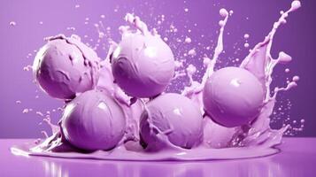 Purple ice cream balls in motion with splashes. Neural network photo