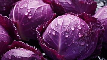 Pile of fresh red cabbage with glistening droplets of water. Advertising photography. Neural network photo