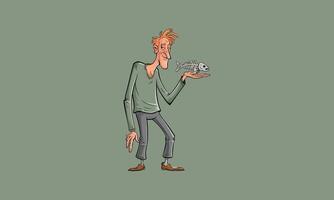 Quirky man holding a fish skeleton with a sly smile. vector