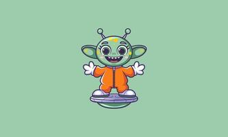 Cheerful alien in orange suit on a hoverboard smiling. vector