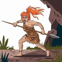 Prehistoric warrior holding spear in battle pose vector