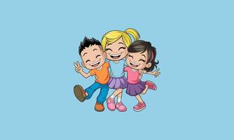 Happy children laughing and hugging on a blue background vector