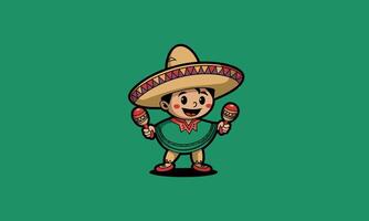 Smiling boy in sombrero with maracas on green background vector
