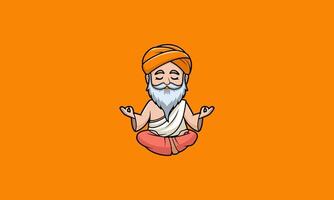 Peaceful guru meditating in lotus pose on orange background. vector