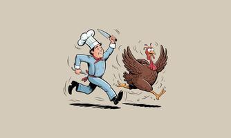 Chef chasing turkey with knife in a humorous scene vector