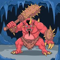 Fierce red ogre with a spiked club in a dark cave vector
