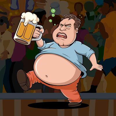 Drunk man holding beer mug at a lively party