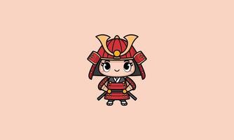 Chibi samurai in red armor with swords on peach background vector