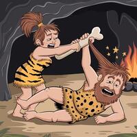 Prehistoric couple fighting in a cave with a bone vector