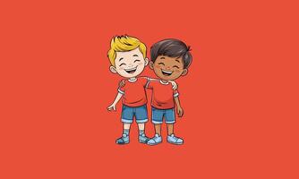 Two happy boys hugging and smiling, showing friendship vector