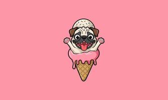 Adorable pug in an ice cream cone with pink toppings vector