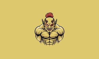 Fierce horned demon with muscular build on yellow background vector