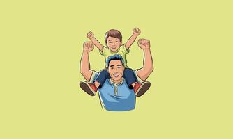 Happy father carrying son on shoulders with raised arms vector