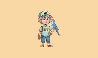 Kid with a parrot in zoo-themed outfit smiling brightly. vector