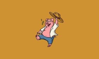 Cheerful pig in a cowboy hat dancing with joy. vector