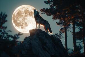 Silhouette of howling wolf against dark toned foggy background and full moon or Wolf in silhouette howling to the full moon. Neural network photo