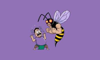 Scared man facing a muscular angry wasp vector
