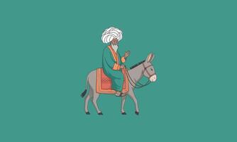 Wise man riding a donkey in traditional attire. vector