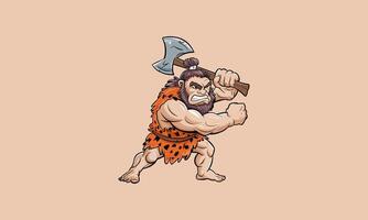 Angry caveman with axe in aggressive stance vector