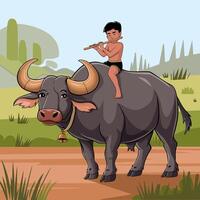 Boy playing flute while sitting on a water buffalo. vector