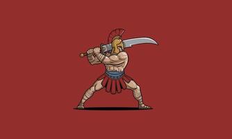 Powerful gladiator holding a large sword on red background vector