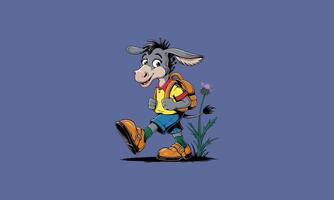 Cheerful donkey character walking with a backpack. vector