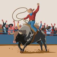 Cowboy riding a bull in a rodeo arena with cheering crowd. vector