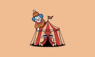Sad clown leaning on a crying circus tent vector