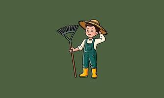 Cartoon farmer with a rake and straw hat design. vector