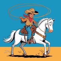 Cowboy on a horse swinging a lasso in a desert scene. vector