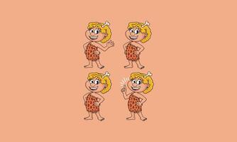 Cartoon cavewoman in various poses on peach background. vector