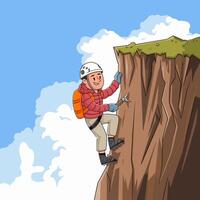 Smiling climber scaling a cliff with safety gear. vector