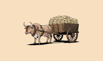Ox pulling a wooden cart loaded with sacks. vector