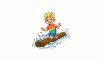 Happy boy riding a floating log in water. vector