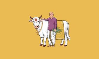 Man with a sacred cow adorned in traditional attire. vector