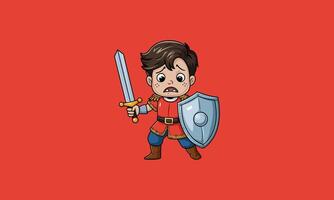 Scared little knight holding a sword and shield vector