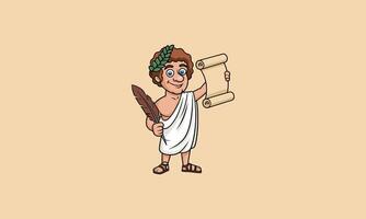 Ancient scholar with scroll and quill cartoon illustration. vector