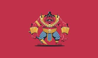 Fierce red demon warrior holding a spear with skull armor. vector