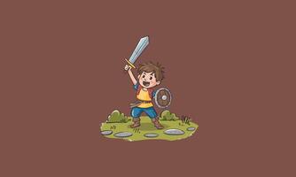 Brave child adventurer holding a sword and shield. vector