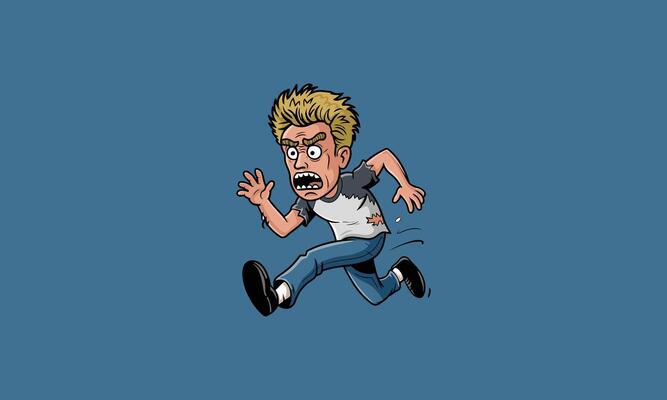Panicked man running in fear with a terrified expression