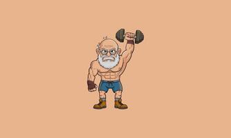 Muscular old man lifting a dumbbell with determination. vector