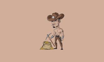 Rugged cowboy miner with pickaxe and bag of gold. vector