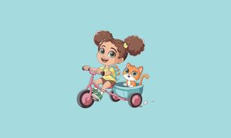 Girl riding a tricycle with her cat in the basket. vector