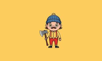 Cartoon lumberjack with a mustache holding an axe. vector