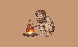 Caveman roasting meat over a fire in prehistoric times. vector
