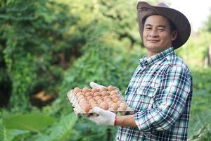 Handsome Asian man farmer holds tray of eggs at garden. Concept, Organic agricultural farming, Farmers produce healthy eco food. Best food during bad economy. Delivery to home. photo