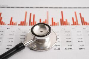 Stethoscope on spreadsheet and graph paper, Finance, Account, Statistics, Investment, Analytic research data economy and Business company. photo