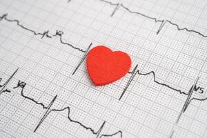 Red heart on electrocardiogram ECG with red heart, heart wave, heart attack, cardiogram report. photo