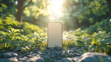 An empty smartphone is sitting on the ground in a forest photo